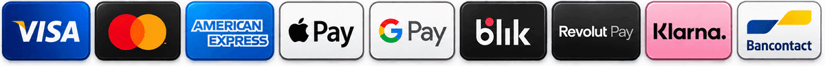 Visa, Mastercard, American Express, Apple Pay, Google Pay, BLIK, Revolut Pay, Klarna, Bancontact