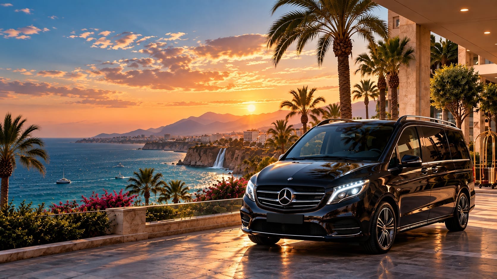 VIP transfer vehicle waiting outside a seafront hotel in Antalya