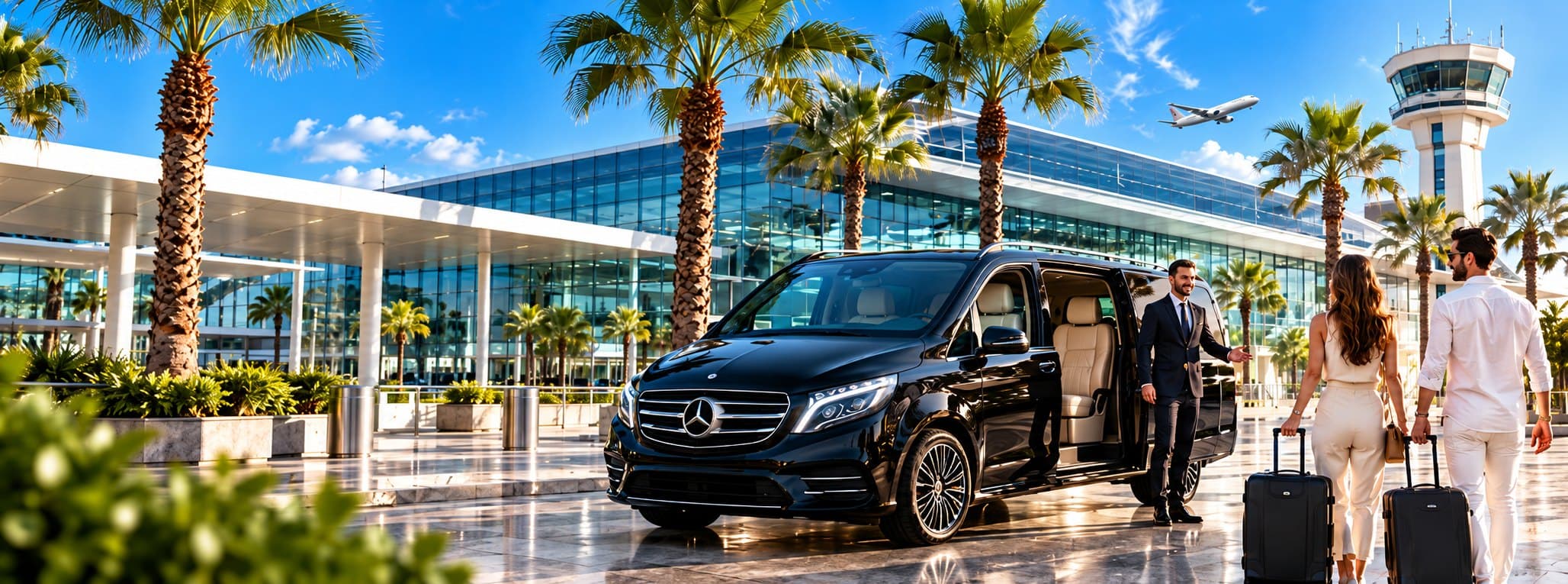 Czarny Mercedes Vito i kierowca witający pasażerów przed terminalem lotniska