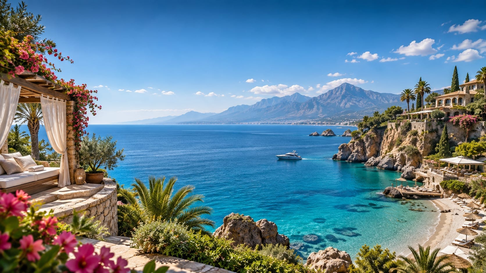 Turquoise baai aan de kust van Antalya, gezien vanaf een schaduwrijk terras boven zee
