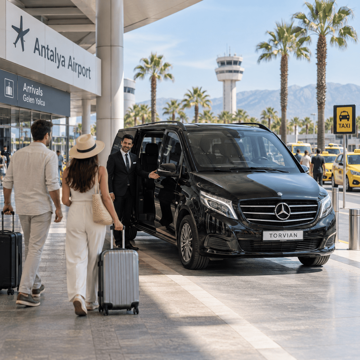 Driver greeting travellers beside a black Mercedes Vito at Antalya Airport arrivals, taxi rank behind